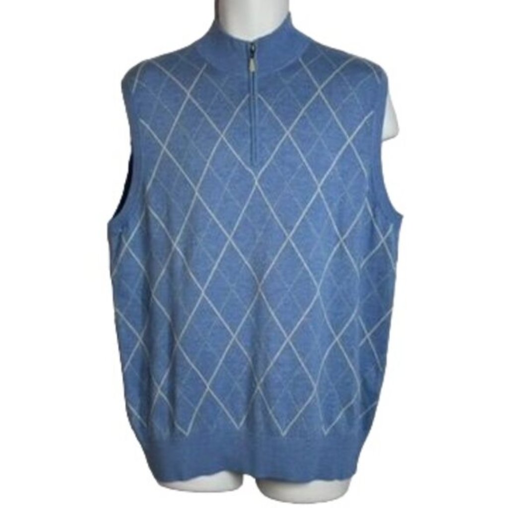 Peter Millar Mens Golf Knit Vest Size L Silk Cashmere Blend 1/4 Zip Argyle Blue